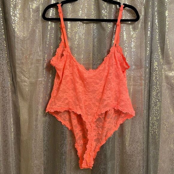 SKIMS Neon Bright Orange Stretch Lace Sheer Bodysuit 4X NWT - Picture 2 of 9